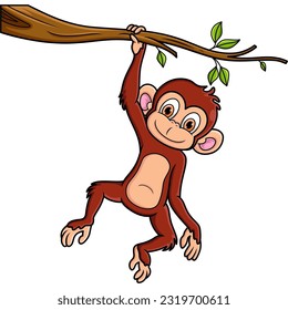 Cartoon monkey hanging in tree branch