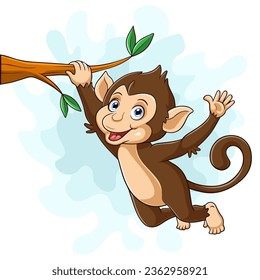 Cartoon monkey hanging in tree branch