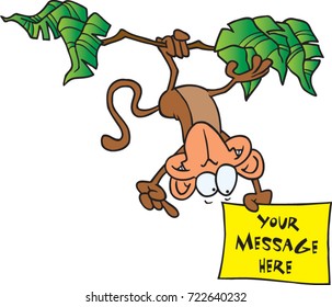 cartoon monkey hanging upside down in a tree holding a blank sign for your text