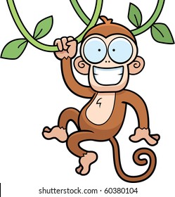 A cartoon monkey hanging from vines and smiling.