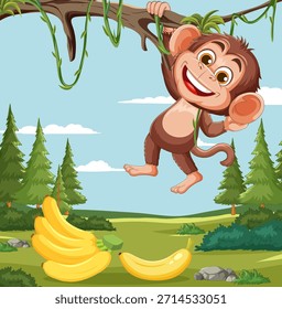 Macaco de desenho animado pendurado no galho da árvore, sorrindo, com bananas na grama, fundo de floresta brilhante