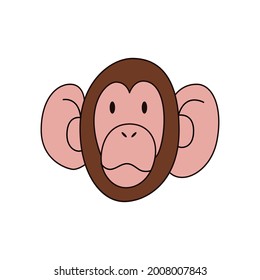 Cartoon monkey head isolated. Color vector illustration of a primate with a stroke on a white background. A monkey with big ears.