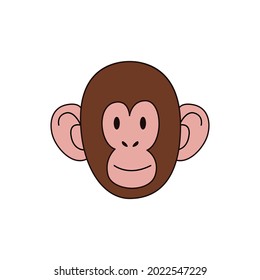 Cartoon monkey head isolated. Color vector illustration of a primate with a stroke on a white background.