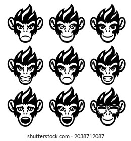 Cartoon Monkey Head set in various face Expression
