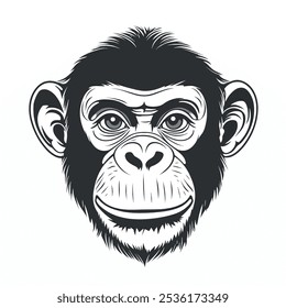 Cartoon monkey head in simple black and white woodblock print