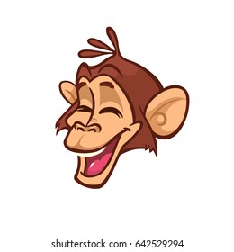 Cartoon monkey head smiling icon. Vector drawing illustration of cute laughing chimpanzee isolated on white. Design element or sticker print