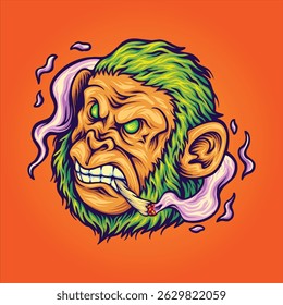 Cartoon Monkey Head Smoking Um vetor conjunto ilustrações para o seu logotipo de trabalho, t-shirt de mercadorias, adesivos e desenhos de etiquetas, cartaz, cartões de saudação publicidade empresa ou marcas