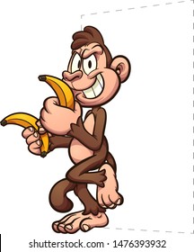 Cartoon monkey holding to bananas and leaning on something clip art. Vector illustration with simple gradients. 