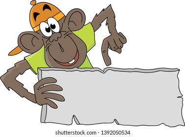 Cartoon monkey holding a blank banner in his hands vector illustration