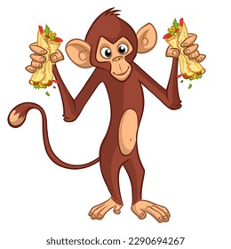 Cartoon monkey holding falafel or kebab in his hands. Vector illustration 