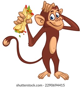 Cartoon monkey holding falafel or kebab in his hands. For cafe menu design