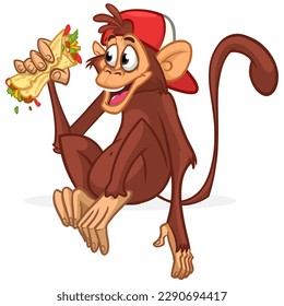 Cartoon monkey holding falafel or kebab in his hands. For cafe menu design