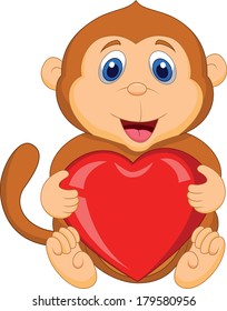 Cartoon monkey holding red heart