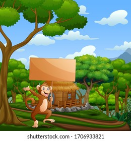 Cartoon monkey holding wooden sign in the nature background