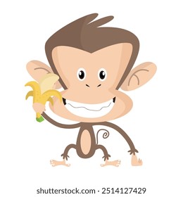 A cartoon monkey holds a banana with a peeled banana in his hand