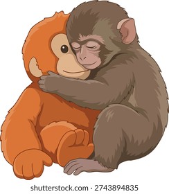 A cartoon monkey hugging an orange teddy bear toy isolated on transparent background