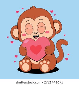 Macaco de desenhos animados abraçando um coração rosa
