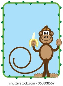 Cartoon monkey inside vine frame preparing to eat a banana