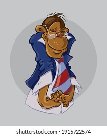 a cartoon monkey in a jacket, shirt, tie and glasses 
shrugs sheepishly, eyes downcast, 
vector illustration with no background