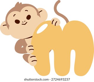 A cartoon monkey joyfully holding a stylized letter M, showcasing a fun and playful theme