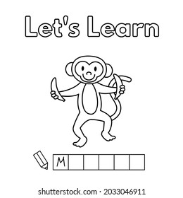 Cartoon monkey learning game for small children - color and write the word. Vector coloring book pages for kids