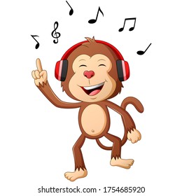 Cartoon monkey listening to music. Vector illustration