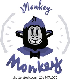 Logo del mono de dibujos animados. Dibujo manual de la moderna ilustración vectorial. Elemento de diseño aislado. Cartel, plantilla de impresión.