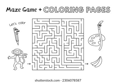Cartoon monkey maze game. Vector coloring book pages for children