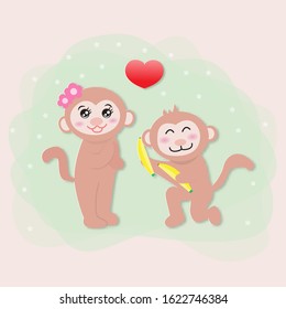 A cartoon monkey is offering banana gifts to his girlfriend,vector illustration paper art style.Happy Valentine's day greeting card.
