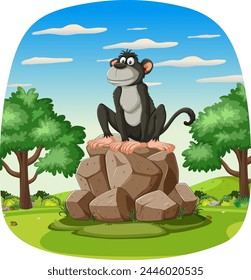 Cartoon monkey on rocks in a green landscape