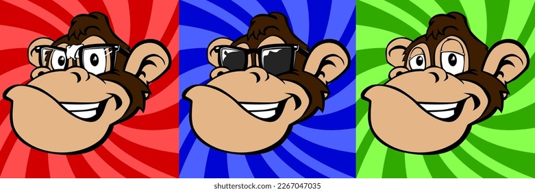 Cartoon Monkey Pack- Relaxed Monkey, Nerd Monkey, Cool Monkey