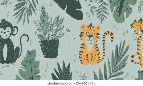 Cartoon monkey peers amidst potted plants in jungle foliage backdrop