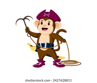 Cartoon monkey pirate animal character. Isolated vector mischievous jungle ape corsair personage with swirly tail, tricorn hat and grappling hook in hand ready for high-seas adventures and ship attack