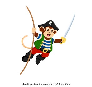 Cartoon monkey pirate and corsair animal character riding a rope with saber in its hand. Isolated vector jungle ape personage donning tricorn captain hat ready for high seas adventures and ship attack