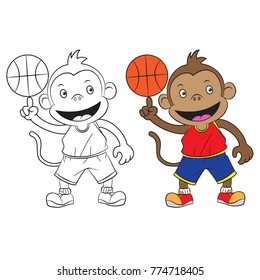 cartoon monkey playing basketball . Both in separate layers for easy editing and coloring