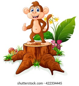 Cartoon monkey posing on tree stump