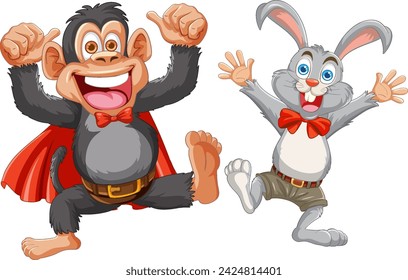 Cartoon monkey and rabbit dressed as superheroes.