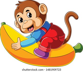 Cartoon monkey riding big banana