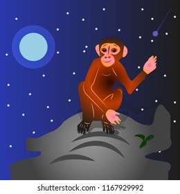 The Cartoon Monkey sits on a hill, with a raised hand (gesture, hello). Night landscape against the backdrop of stars and moon, vector