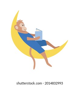 A cartoon monkey sits on the moon and reads a book. Concept Good Night, a bedtime story. Vector illustration