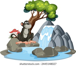 Cartoon monkey sitting by a waterfall and rocks