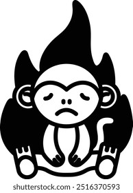 A cartoon monkey is sitting in a fire. The monkey is sad and looking down. The fire is red and orange