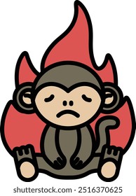 A cartoon monkey is sitting in a fire. The monkey is sad and looking down. The fire is red and orange