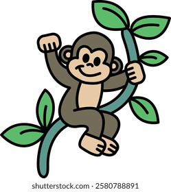 A cartoon monkey is sitting on a branch. The monkey is smiling and he is happy. The image has a lighthearted and playful mood