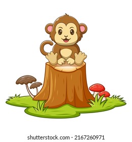 Cartoon Monkey Sitting on a Tree Stump, Monkey Mascot Cartoon Character. Animal Icon Concept White Isolated. Flat Cartoon Style Suitable for Web Landing Page, Banner, Flyer, Sticker, Card