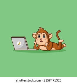 Cartoon monkey sitting playing computer. vector illustration