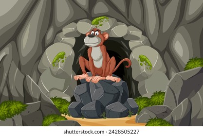 Cartoon monkey sitting at a stone cave entrance