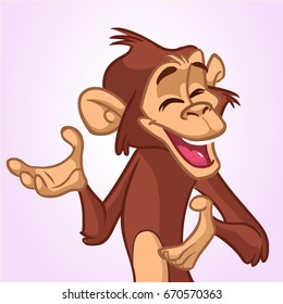 Cartoon monkey smiling and laughing. Vector illustration of chimpanzee character mascot presenting and waving hands. Design for print, sticker, banner, poster, icon