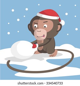 Cartoon monkey and snow ball, flat vector illustration. Blue background