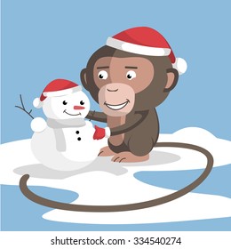 Cartoon monkey and the snowman, flat vector illustration. Blue background